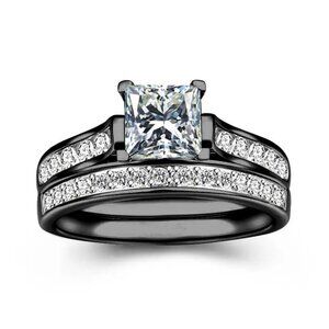 Princess Cut 6MM Black Tungsten Engagement Wedding Ring set